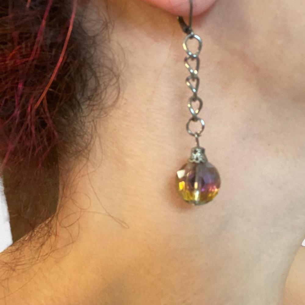 Hand Crafted Earrings Rainbow Long Dangle Faceted Glass Pierced Green Crystal - Picture 8 of 9